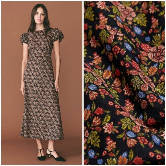 💕DÔEN💕 Rhodia Dress ~ Puff Sleeve A-Line Maxi Noir Forest Floral Print XL NWOT - Picture 2 of 16